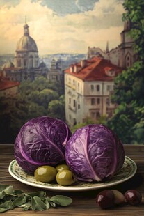 紫甘蓝与橄榄的城市风景静物