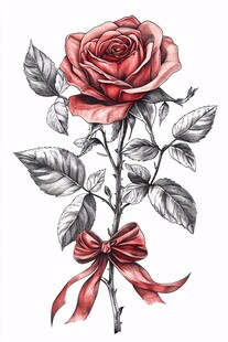红玫瑰配蝴蝶结手绘插画