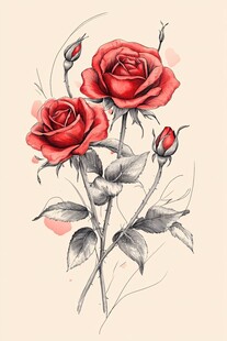 手绘红玫瑰花卉插画