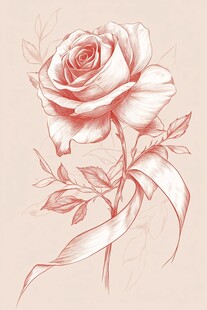 手绘红玫瑰与丝带插画