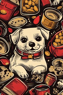 可爱小狗与多样宠物食品