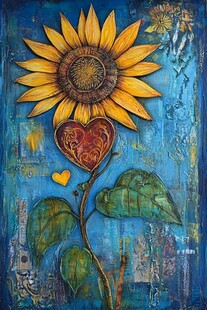 蓝色背景上的向日葵与爱心