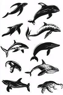 多样鲸鱼海豚黑白插画