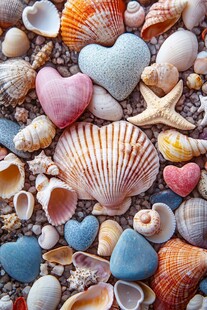 多彩贝壳与心形石的美妙组合