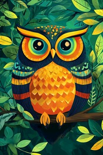 栖息于绿叶间的多彩猫头鹰