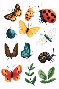 多彩昆虫与绿叶插画素材