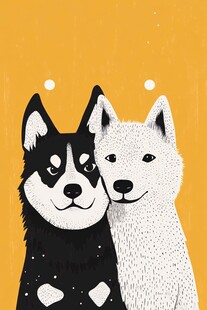 黑白双犬依偎温馨画面