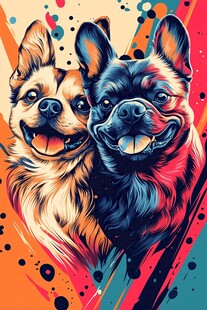 两只萌犬的多彩艺术形象