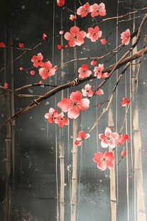 水墨桃花图 竹影伴芳华