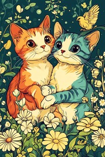 两只萌猫依偎在花丛中