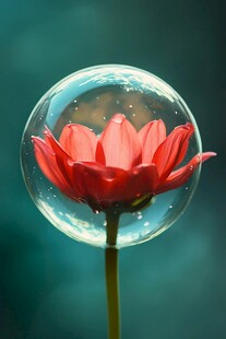 泡泡中的娇艳红花朵