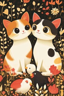 两只萌猫与小鸟的温馨画面