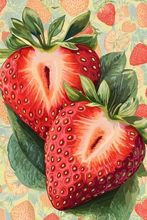 复古风双颗切开草莓插画