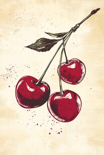 手绘樱桃枝上三颗红果