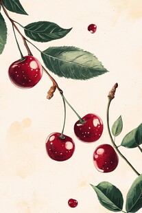 水彩绘樱桃枝叶图