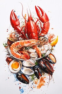 水彩风海鲜拼盘艺术呈现