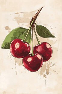 复古风手绘三颗鲜樱桃