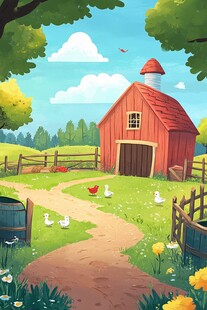 田园红 barn 鸡群悠然小径