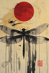 水墨蜻蜓红日艺术画作