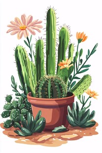 多彩仙人掌盆栽插画