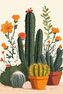 多彩仙人掌盆栽插画