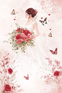 唯美新娘与玫瑰蝴蝶相伴