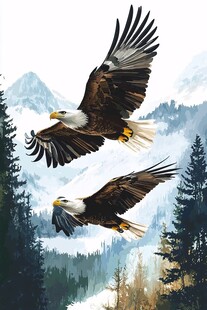 双鹰翱翔于山林雪峰间