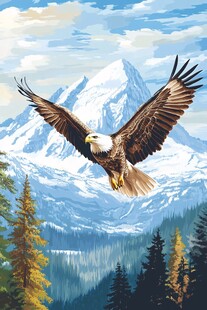 雄鹰翱翔于雪山森林间