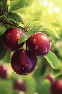 饱满李子挂枝头带露珠