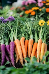 多彩胡萝卜与花卉田园景致