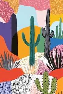 多彩仙人掌沙漠风光插画