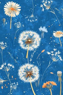 蓝色背景下的蒲公英花卉图