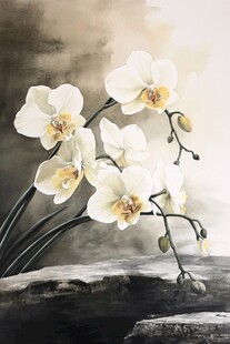 水墨风白色蝴蝶兰静物图