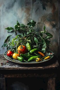 复古风盘上多彩新鲜蔬菜