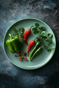 绿盘上的多彩新鲜蔬菜