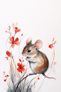 水墨萌鼠伴红花