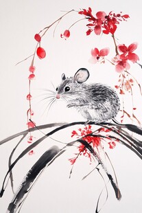 水墨鼠戏红梅图