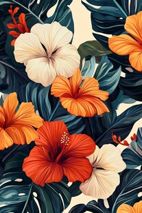 热带花卉与绿叶图案设计