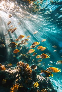 阳光照耀下的海底鱼群
