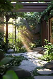 阳光洒落的静谧绿植庭院