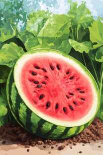 田园中切开的多汁红瓤西瓜