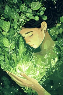 绿意少女捧持神秘发光植物