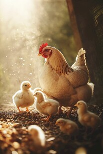 母鸡护雏 晨光下的温馨画面