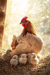 母鸡护雏图 温馨田园景象