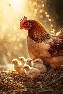母鸡护雏于光影下