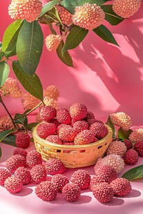 粉背景下竹篮盛鲜荔枝