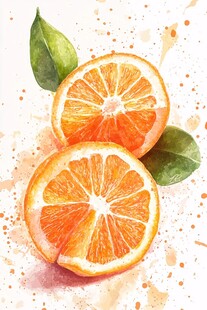 水彩绘鲜橙切片与绿叶