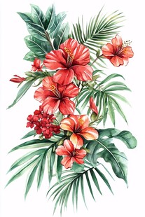 水彩绘红扶桑与热带叶