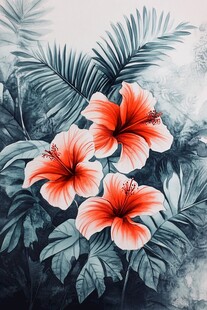 三朵朱槿花与热带叶景