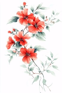 红色花卉枝叶手绘插画